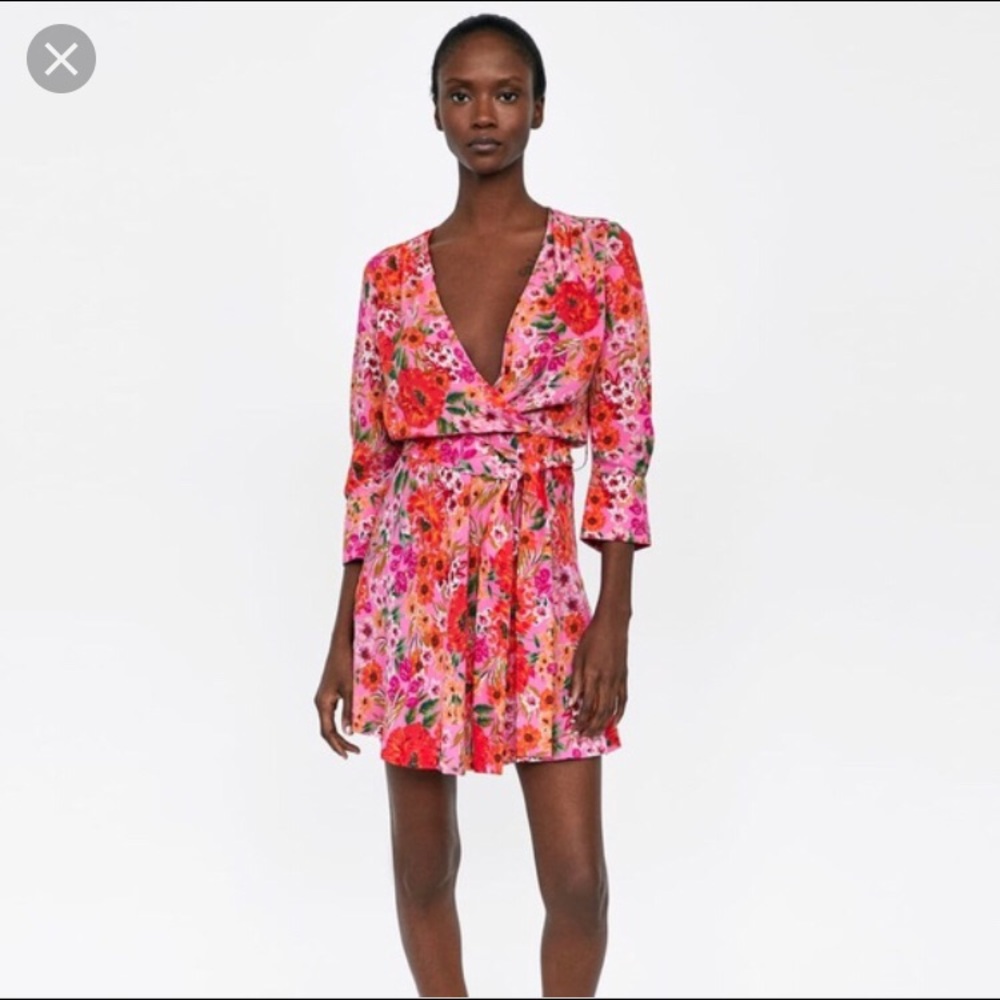 COPY - Zara Pink Printed Floral Wrap Dress